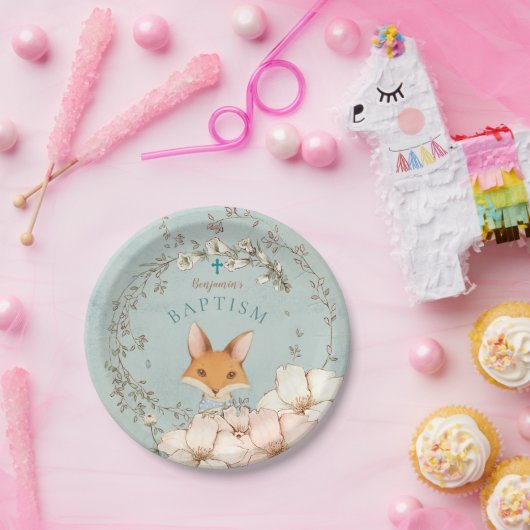 Schattige Vos Bloemen Jongen Groene Doop Papieren Bordje (Feest)