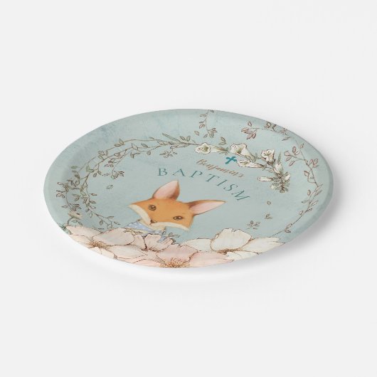  Schattige Vos Bloemen Jongen Groene Doop Papieren Bordje (Gekanteld)