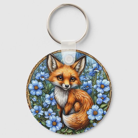 🦊 Schattige Vos Bloom Glow 💙 Levendig Blauw Bloe Sleutelhanger (Voorkant)