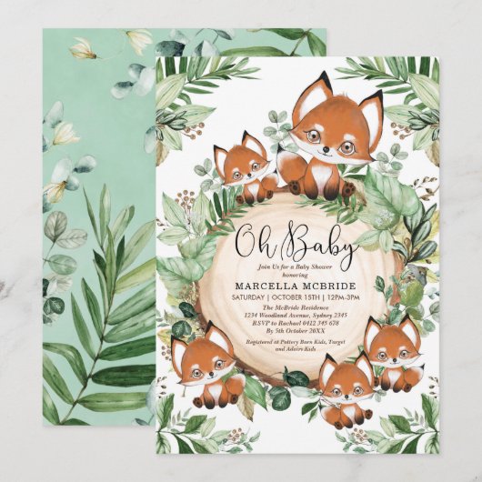 Schattige Vos Botanische Groene Neutrale Baby Show Kaart (Voorkant / Achterkant)