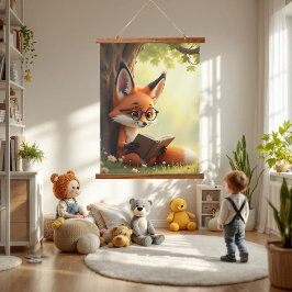 Schattige vos die een boek leest, kinderkamer hangend wandkleed