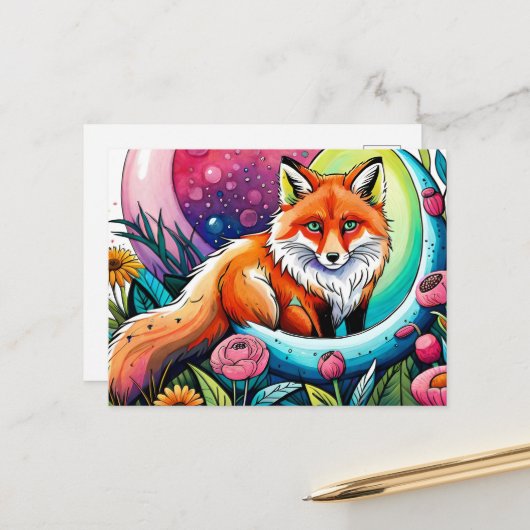Schattige vos dierenvrienden briefkaart (Voorkant / Achterkant in situ)