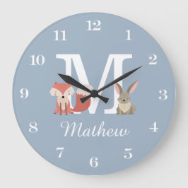 Schattige vos en konijn baby jongen monogram blauw grote klok
