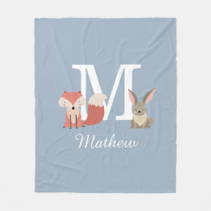 Schattige vos en konijn bosdieren monogram blauw fleece deken