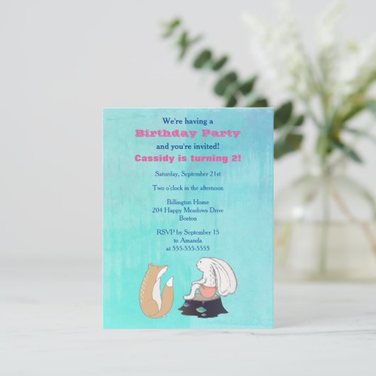 Schattige vos en konijn geïllustreerd verjaardagsf kaart (Staand voorkant)