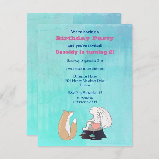 Schattige vos en konijn geïllustreerd verjaardagsf kaart (Voorkant / Achterkant)