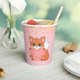 Schattige Vos & Gouden Confetti op Roze Papieren Bekers