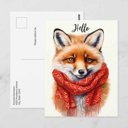 Schattige Vos in een Rode Sjaal Herfst Afbeelding Briefkaart (Voorkant / Achterkant)