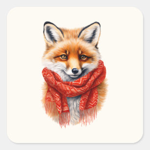 Schattige Vos in een Rode Sjaal Herfst Afbeelding Vierkante Sticker
