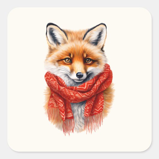 Schattige Vos in een Rode Sjaal Herfst Afbeelding Vierkante Sticker (Voorkant)