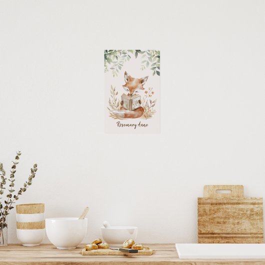 Schattige Vos Leest Boeken Kindekamer Bosdier  Poster (Keuken)