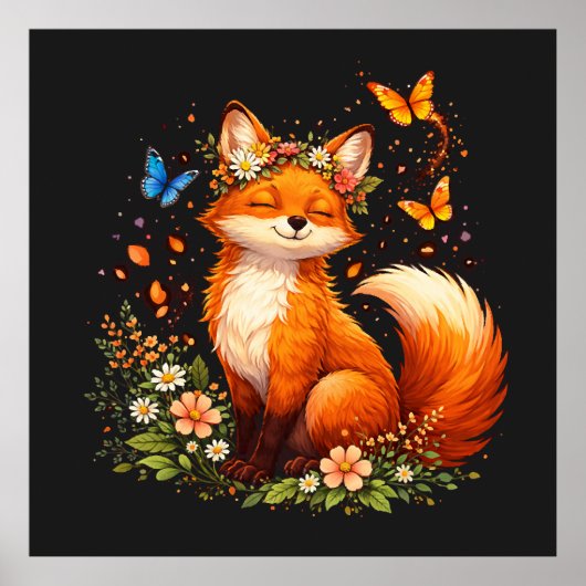 Schattige Vos Met Bloemen Poster (Voorkant)
