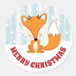 Schattige vos met gewei in besneeuwd bos kerst ronde sticker
