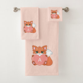 Schattige Vos & Monogram op Licht Koraal Roze Bad Handdoek