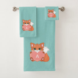 Schattige vos & monogram op lichtblauw bad handdoek