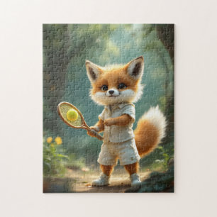 Schattige vos speelt tennis in een betoverd bos legpuzzel