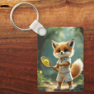 Schattige vos speelt tennis in een betoverd bos, sleutelhanger