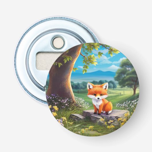 Schattige vos zit onder de boom button flesopener (Voorkant)