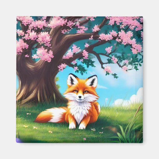 Schattige vos zit onder de boom magneet (Voorkant)