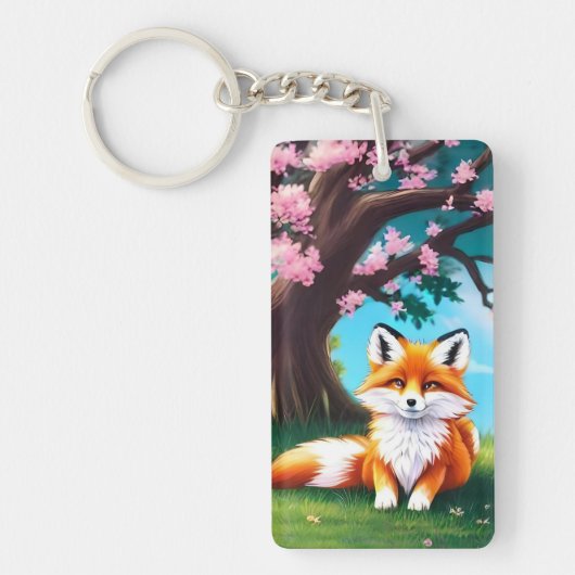 Schattige vos zit onder de boom sleutelhanger (Voorkant)