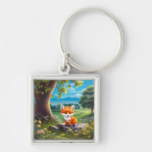 Schattige vos zit onder de boom sleutelhanger