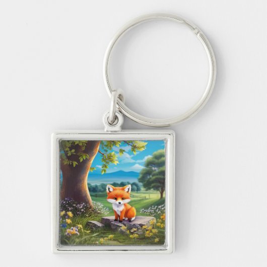 Schattige vos zit onder de boom sleutelhanger (Voorkant)