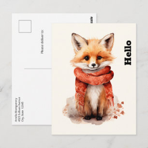 Schattige vosjong in een rode sjaal briefkaart