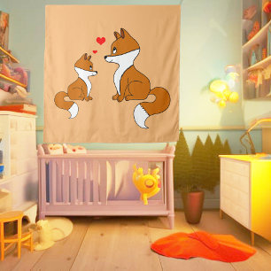 Schattige vossen met harten, handgetekend wandkleed