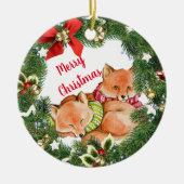 Schattige vossen met kerstkrans rond keramisch ornament (Voorkant)