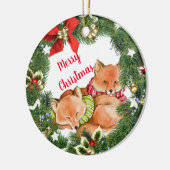 Schattige vossen met kerstkrans rond keramisch ornament (Links)