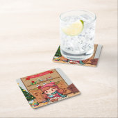 Schattige vrolijk kerstmeisje met cacao kartonnen onderzetters (Insitu)