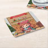 Schattige vrolijk kerstmeisje met cacao kartonnen onderzetters (Schuin)