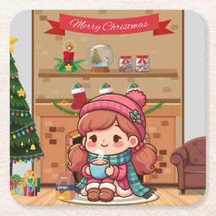 Schattige vrolijk kerstmeisje met cacao kartonnen onderzetters