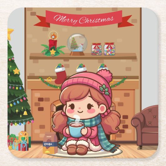 Schattige vrolijk kerstmeisje met cacao kartonnen onderzetters (Voorkant)