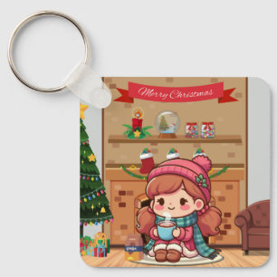 Schattige vrolijk kerstmeisje met cacao sleutelhanger
