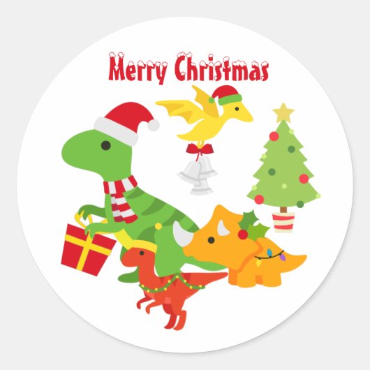 Schattige Vrolijk Kerstmis Dinosaurus Kinder Wit Ronde Sticker (Voorkant)