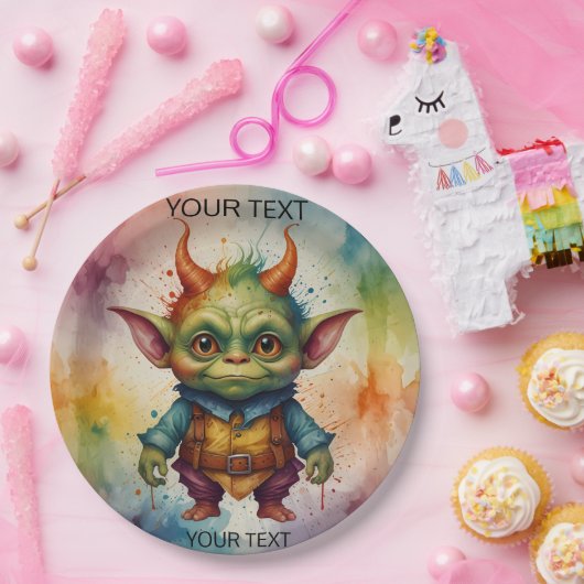 Schattige vrolijk kleurrijk grappig klein goblin c papieren bordje (Feest)