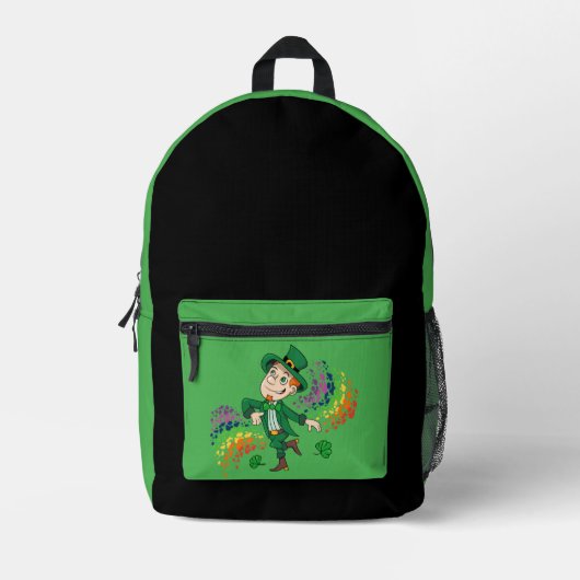 Schattige vrolijk lachende dansende kabouter, een bedrukte rugzak (Voorkant)