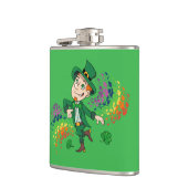 Schattige vrolijk lachende dansende kabouter, een heupfles (Links)