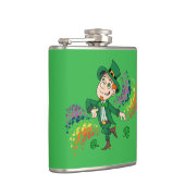 Schattige vrolijk lachende dansende kabouter, een heupfles (Rechts)