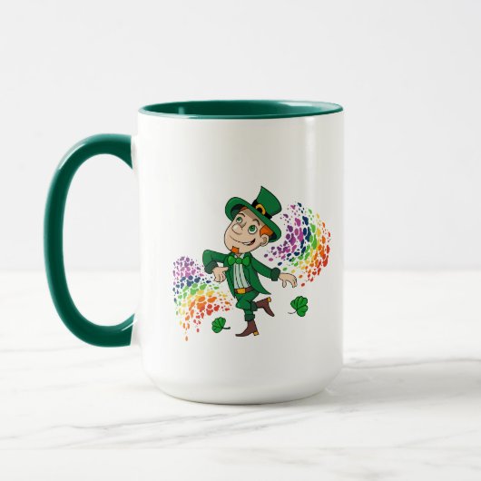 Schattige vrolijk lachende dansende kabouter, een mok (Links)