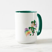 Schattige vrolijk lachende dansende kabouter, een mok (Voorkant rechts)