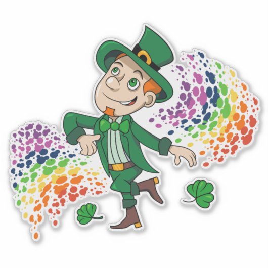 Schattige vrolijk lachende dansende kabouter, een  sticker (Voorkant)