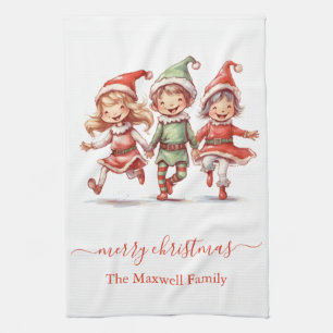 Schattige vrolijke kerst 3 elfen familienaam theedoek