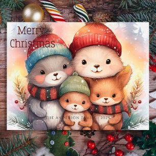 Schattige vrolijke kerst bosdierenfamilie feestdagenkaart