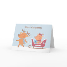 Schattige vrolijke kerst rendier slee kerstkaart