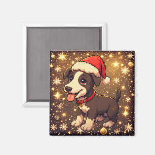 Schattige vrolijke Kerstpuppy met Kerstmannenhoed Magneet