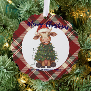 Schattige vrolijke Koe Kerstboom kalf os Xmas geru Ornament Kaart