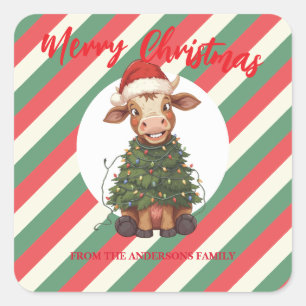 Schattige vrolijke Koe Kerstboom kalf os Xmas geru Vierkante Sticker