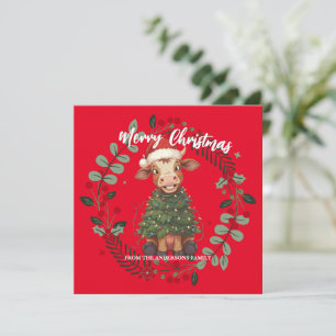 Schattige vrolijke Koe Kerstboom kalf os Xmas patr Feestdagenkaart